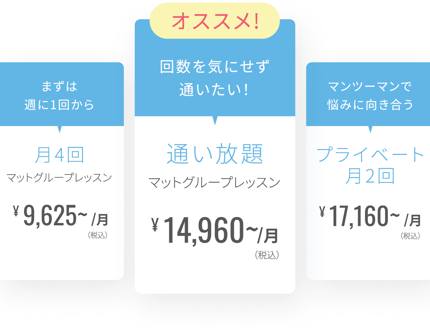 まずは週に1回から 月4回マットグループレッスン オススメ！通い放題 マットグループレッスン マンツーマンで悩みに向き合う プライベート月2回 マットまたはマシンレッスン